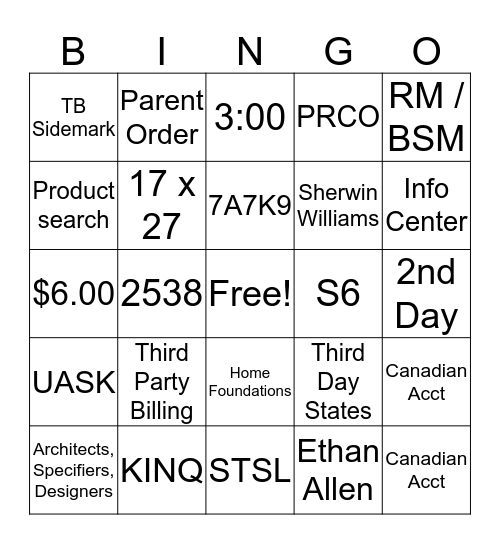 Residential Samples Bingo Round 1 Bingo Card