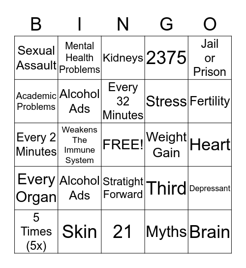 Alcohol Prevention Bingo Card