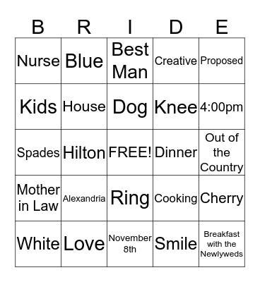 Bridal Shower Bingo Card