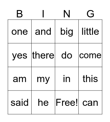 Sight Words Bingo Card