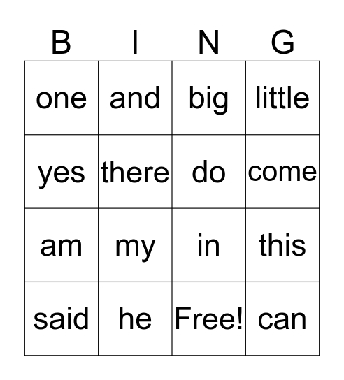 Sight Words Bingo Card