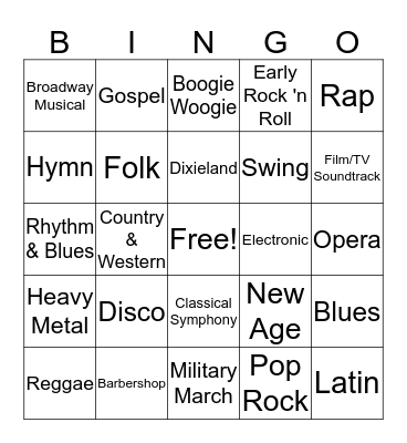 Musical Styles Bingo Card
