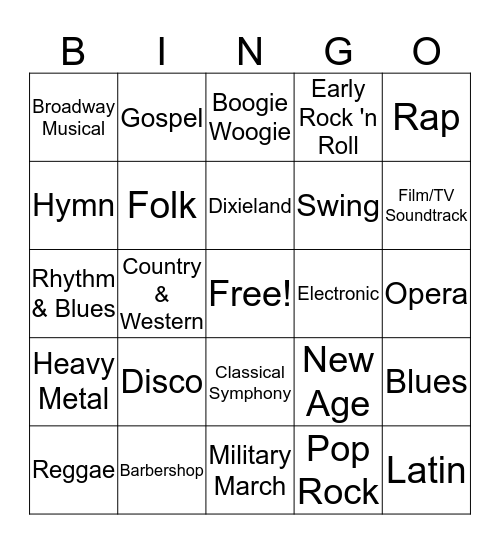 Musical Styles Bingo Card