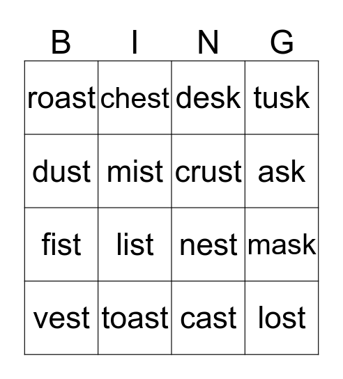 Phonics 2: Ending Blends st and sk Bingo Card