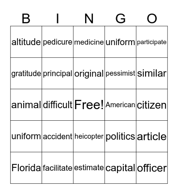 Unaccented i= schwa  or short /i/ Bingo Card