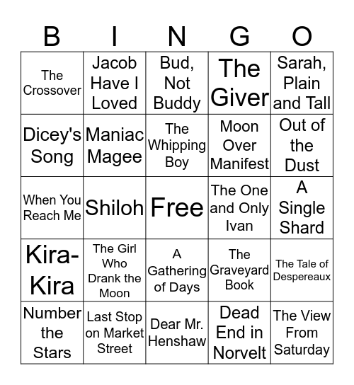 Newbery Bingo  Bingo Card