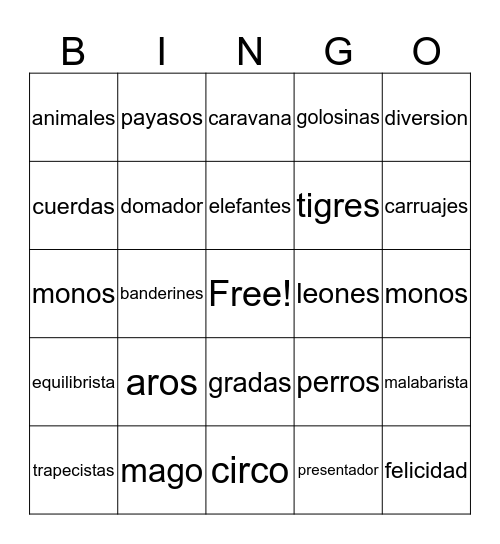 Bingo   Circo Bingo Card