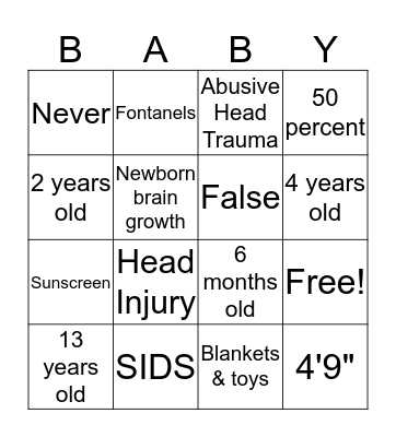 Newborn Safety Bingo Card