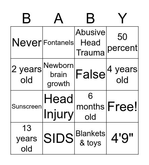Newborn Safety Bingo Card