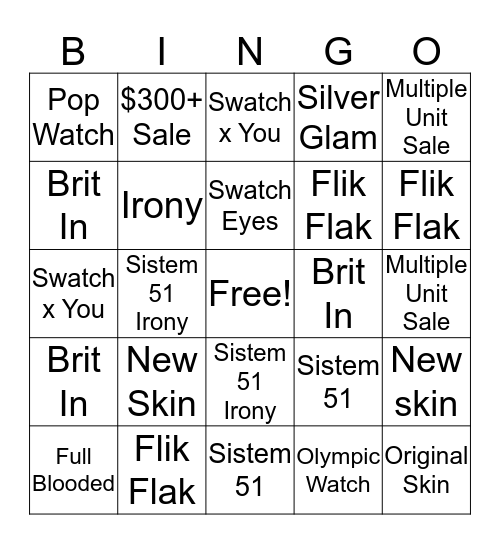 Swatch Sales Binggo Bingo Card