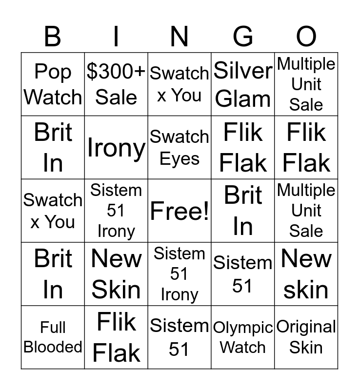 Swatch Sales Binggo Bingo Card