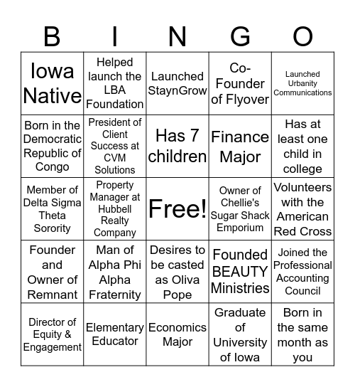 Black in Business Networking Dinner Bingo Card