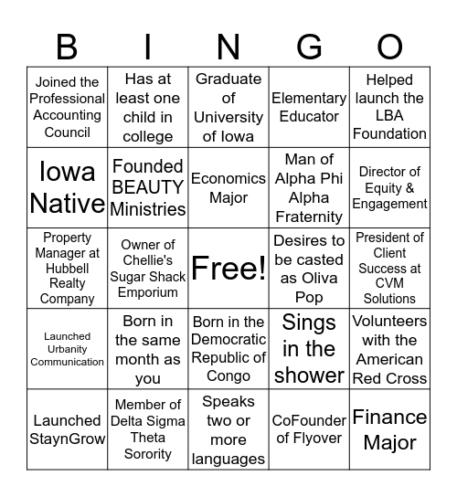 Black in Business Networking Dinner Bingo Card