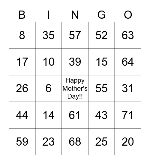 Mother's Day Bingo Card