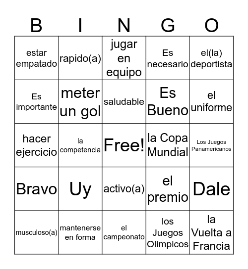 Spanish 2.1 Vocabulary Bingo Card