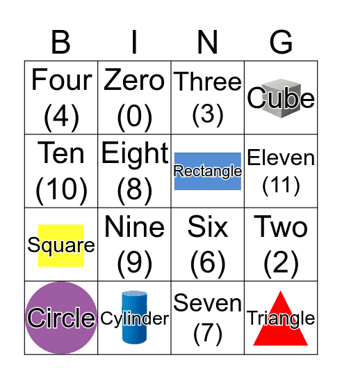 Numbers, 2-D and 3-D Shapes Bingo Card