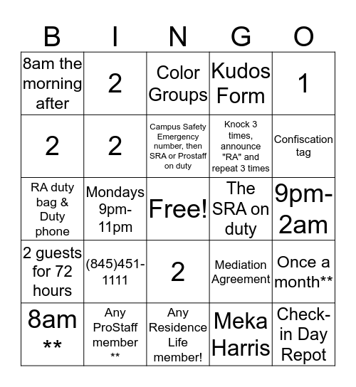 RA Training Bingo Card
