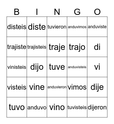 Irregular Preterite Verbs Pt 1 Ch 3 Bingo Card