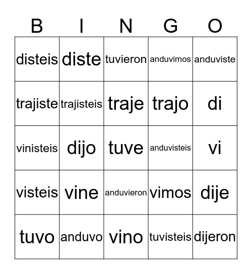 Irregular Preterite Verbs Pt 1 Ch 3 Bingo Card
