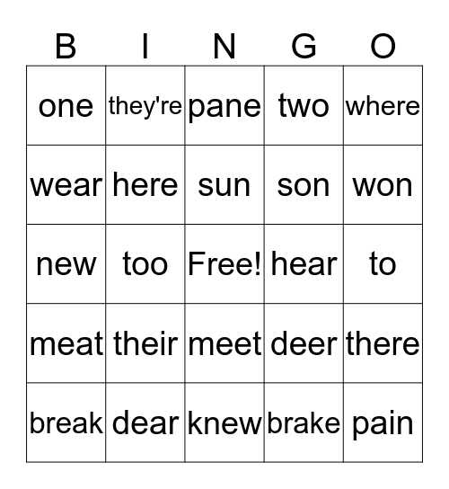 Homophone Bingo Card