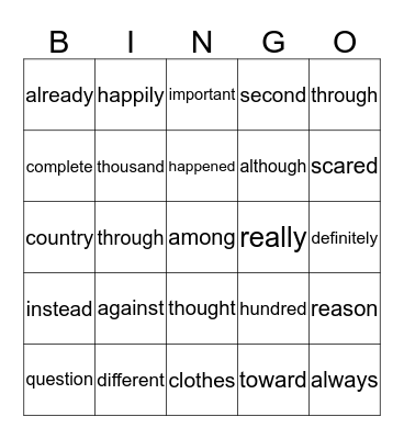 High Frequency Words 1 Bingo Card