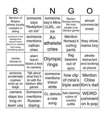 Closing Ceremonies Bingo Card