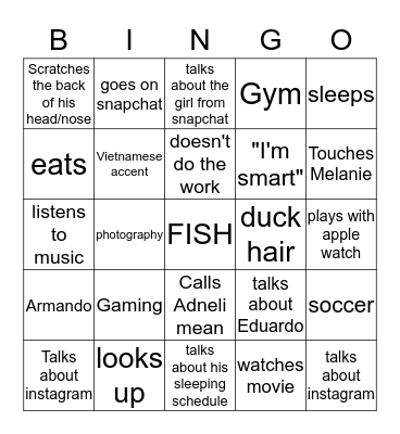 Justin Bingo Card