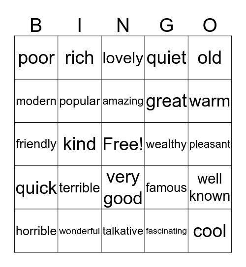 Adjectives Bingo Card