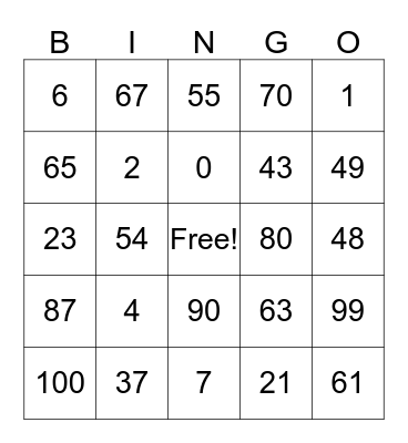 Number Bingo Card