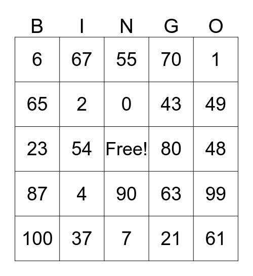 Number Bingo Card