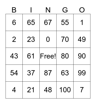 Number Bingo Card