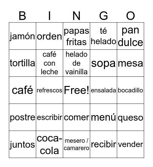 spanish-1-chapter-5-group-1-bingo-card