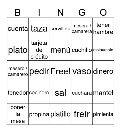 Spanish 2 Chapter 2 Group 1 Bingo Card