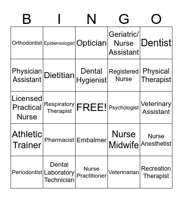 Health Careers #1-23 Bingo Card