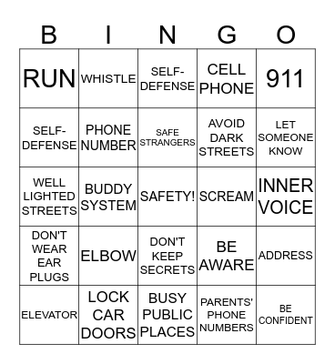 Personal Safety Bingo Card