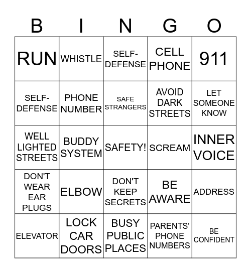 Personal Safety Bingo Card