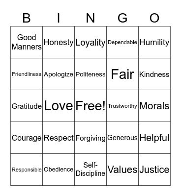 MORAL VALUES Bingo Card