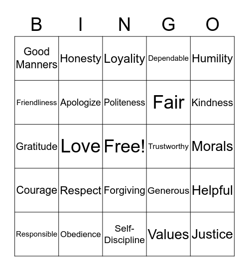 MORAL VALUES Bingo Card