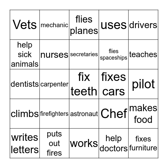 Occupations Bingo Card