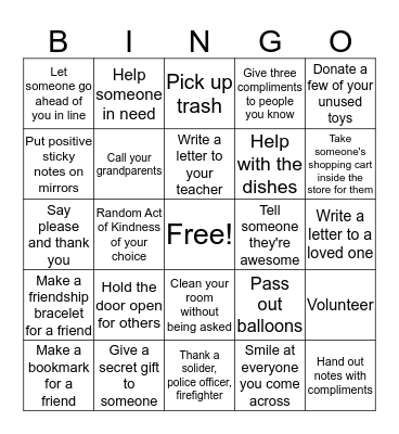 SU 186 Random Acts of Kindness Bingo Card