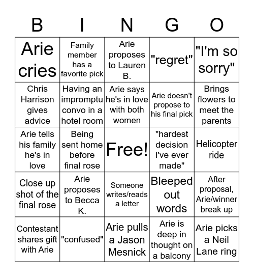 Bachelor Finale (Arie's Season) Bingo Card