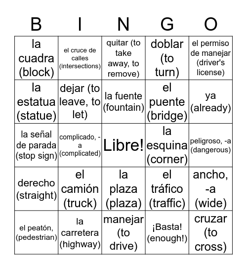 Vocab 3B Spanish Bingo Card