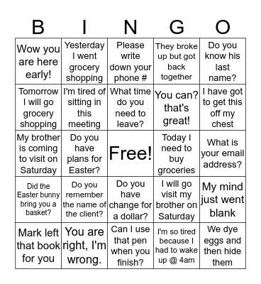 Feb. 27th class Bingo Card