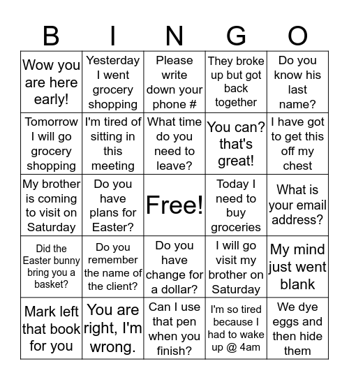 Feb. 27th class Bingo Card