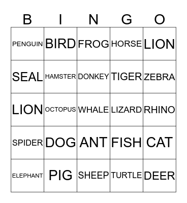 Animal Bingo Card