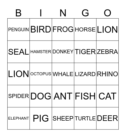 Animal Bingo Card
