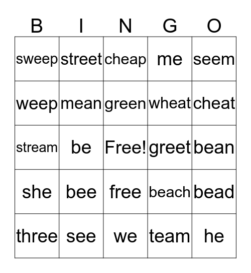Long e words Bingo Card