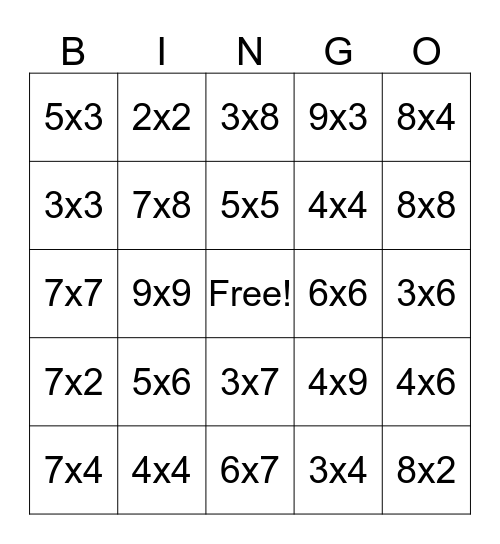 Multiplication Bingo Card