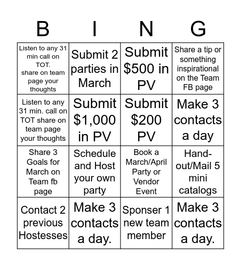 Team Bingo Challenge March Bingo Card