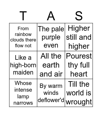 To a Skylark by Percy Shelley Bingo Card